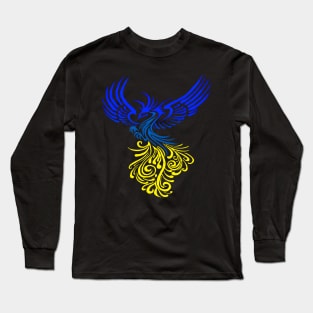 Blue Yellow Artistic Phoenix Illustration Long Sleeve T-Shirt